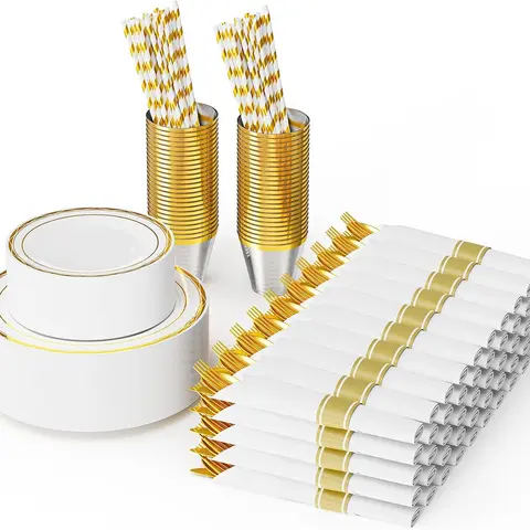 ROVSUN 350/700 Piece Disposable Dinnerware Set for 50/100 Guests, Clear Plastic Plates for Party, 50/100 Pre-Rolled Napkins,Silverware,Dinner & Dessert Plates,Cups,Straws for Wedding Birthday Event,TikTokShopBlackFriday