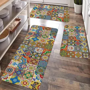 2/3pcs kitchen anti slip carpet floor mat, colorful geometric pattern printed kitchen anti fatigue floor mat, soft and comfortable flannel washable kitchen floor mat, suitable for kitchen, dining room, laundry room, room decoration floor mat