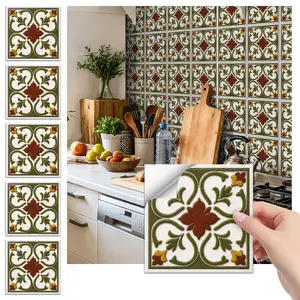 24PCS FHZ Brown-Green-Red Retro Floral Geometric Tile Stickers | PET Matte Peel & Stick Backsplash | Waterproof Oil-Proof Decor for Home & Office