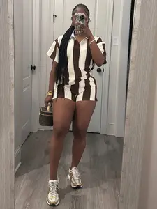 USBOUTIQUE CHIC Women's 2026 Spring Two Piece Set Striped Short Sleeve Top & Drawstring Shorts Casual Outfit for Comfort