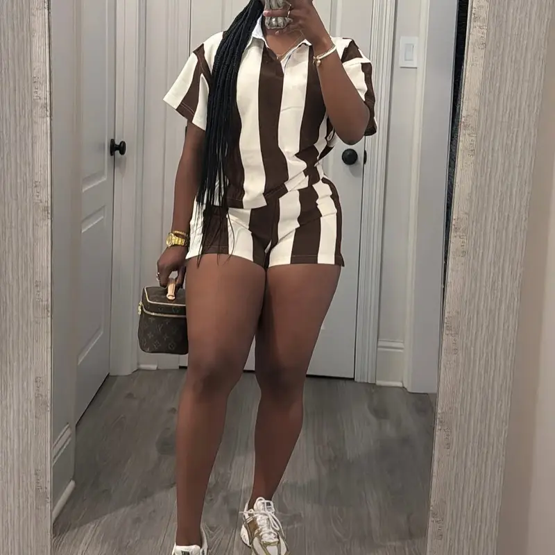 USBOUTIQUE CHIC Women's 2026 Spring Two Piece Set Striped Short Sleeve Top & Drawstring Shorts Casual Outfit for Comfort