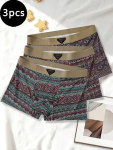 Men's Vintage Ethnic Style Boyshorts, Comfortable Breathable Slim-Fit Underwear, 3-Pack for All Seasons, Casual Outdoor Sports Training