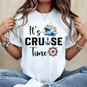 Nautical Cruise Ship Graphic Tee Retro Aesthetic Anchor Helm Watercolor Art Print Round Neck T-shirt Breathable Loose Fit Casual Daily Gift Beach Travel Wear