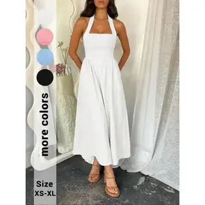 Women's Plain Pocket Zipper Back Dress, Casual Sleeveless Halter Neck A Line Dress for Summer, Ladies Clothes for Beach Holiday, Minimalist Womenswear, Backless Dress, Sundress Piece wendy ortiz pool party outfit milkmaid dresses summer outfits(Sheet)