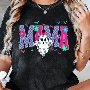 Women's Retro Halloween T-Shirt, Chic Checkered Mama Ghost Graphic, Spooky Loose Fit Washed Cotton Top for Fall