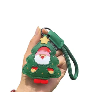 Creative Leather Christmas Tree Sock Pendant Cute Green Pu Leather Keychain School Bag Cartoon Car Key Chain