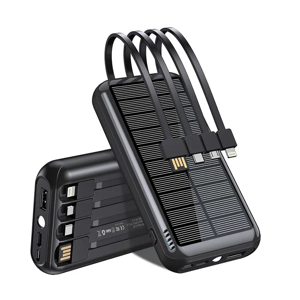 Solar Power Bank for Summer, 1 Count Large Capacity Power Bank with 4 Output Cables & LED Flashlight for Smartphone, Portable Charger, Handy Charging Devices