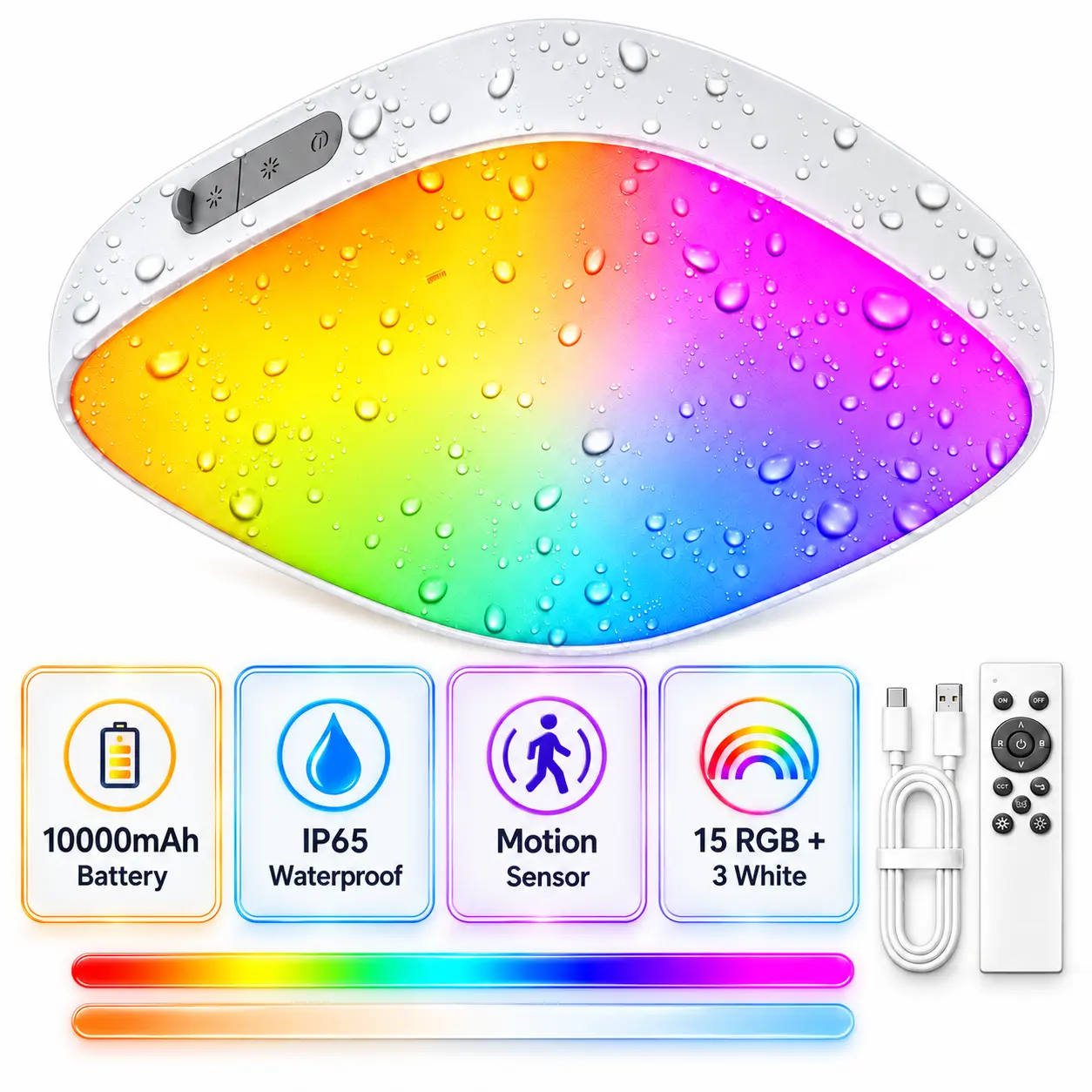 Diomart Rechargeable Motion Sensor Ceiling Light with Remote, 15 RGB Colors + 3 White Tones, IP65