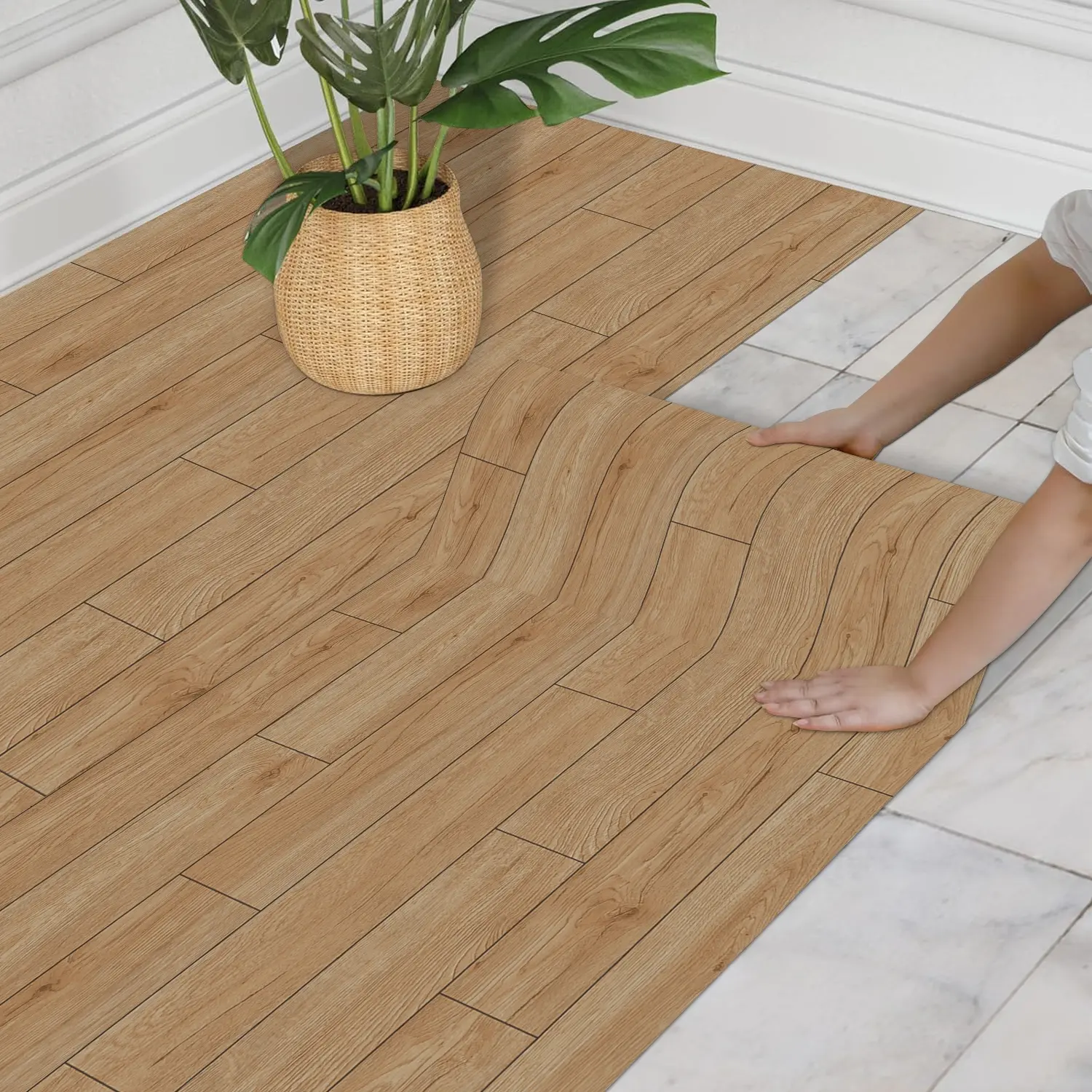 Thickened 40*1000cm Floor Wallpaper Roll Flooring, Outdoor Indoor Flooring - PVC Self-Adhesive Beige Floor Stickers with Wood Grain Pattern - Self Adhesive Waterproof - Suitable for Stairs, Bathrooms, Living Rooms - Stick to Ceramic Tiles