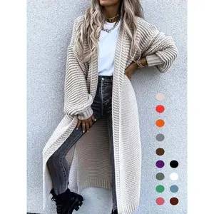Women’s solid longline cardigan with split hem, bishop sleeves, open front; long-sleeve knitwear for fall and winter; everyday knitwear; womenswear