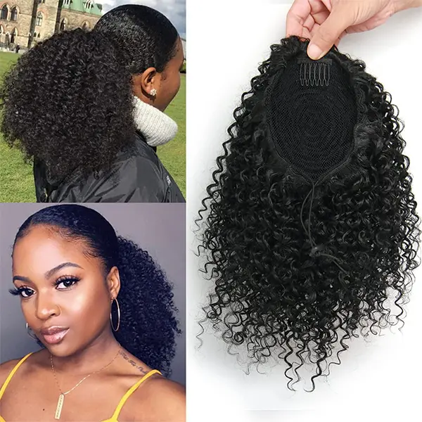 Short Afro Kinky Curly Drawstring Ponytail Extension 10 Inch Synthetic Hairpieces Messy Bun with Secure Clips for Black Women Daily Wear