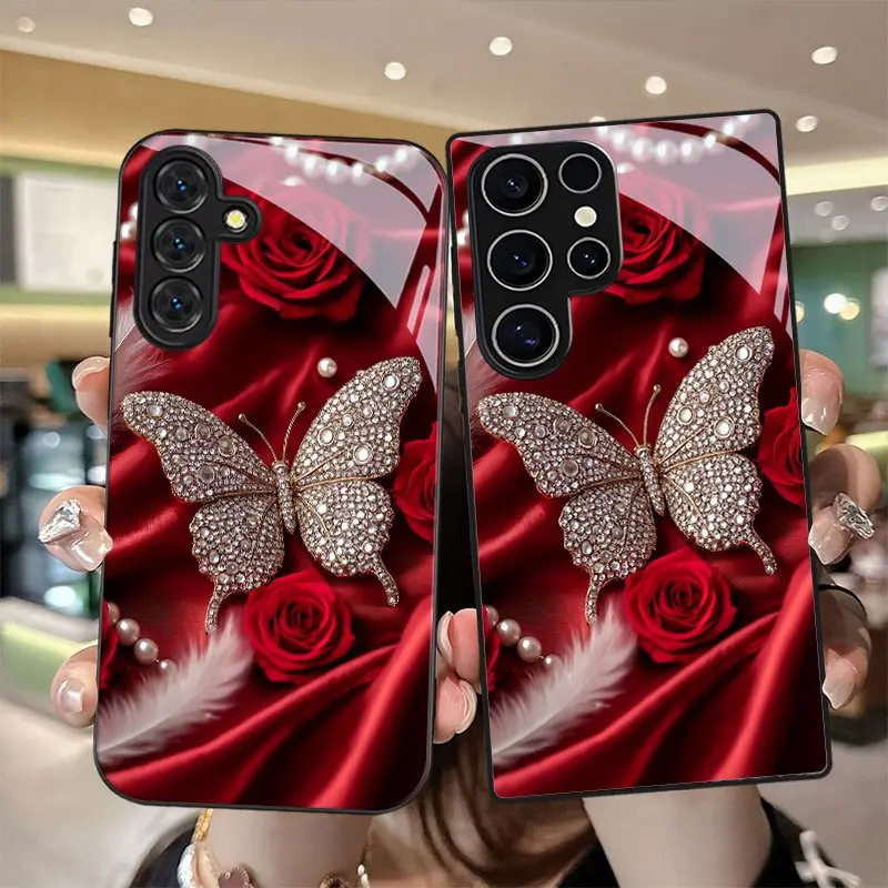 Pearl Rose and Feather Pattern Phone Case Protective Cover for Samsung Galaxy S26 S25 S24 S23 S22Pro S21 S20 Fe Plus Ultra Pro A56 A55 A54 A53 A52 A51 A36 A35 A34 A32 A26 A25 A24 A23 A16 A15 A14 A06 A05 A03s