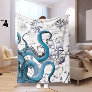 Octopus & Compass Pattern Blanket, 1/2 Counts Soft Throw Blanket, Warm Nap Blanket for Home & Office