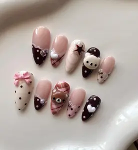 Rilakkuma Neapolitan 3D Press On Nails, Cute Bear Ice Cream Nail Set, Kawaii Coquette Almond Nails, Handmade Reusable Nail Art
