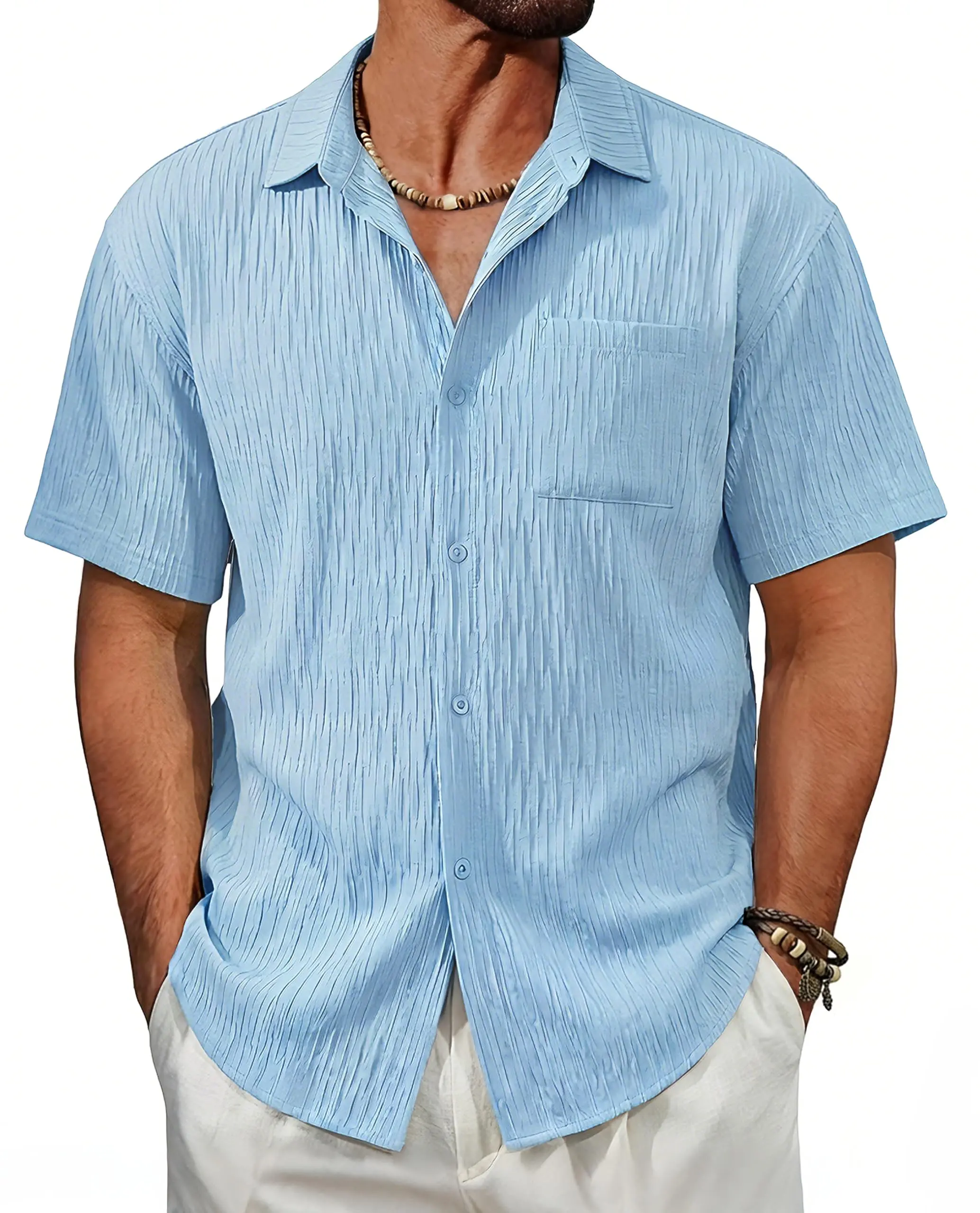 MAGCOMSEN Mens Button Down Shirt Short Sleeve Casual Textred Shirts Breathable Summer Beach Shirt with Pocket