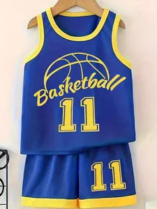 Boys' Breathable Basketball Suit Set, Athletic Set, Casual Letter Print Sleeveless Vest and Shorts, Ideal for Training and Outdoor Activities, Summer Vacation Two-Piece Set