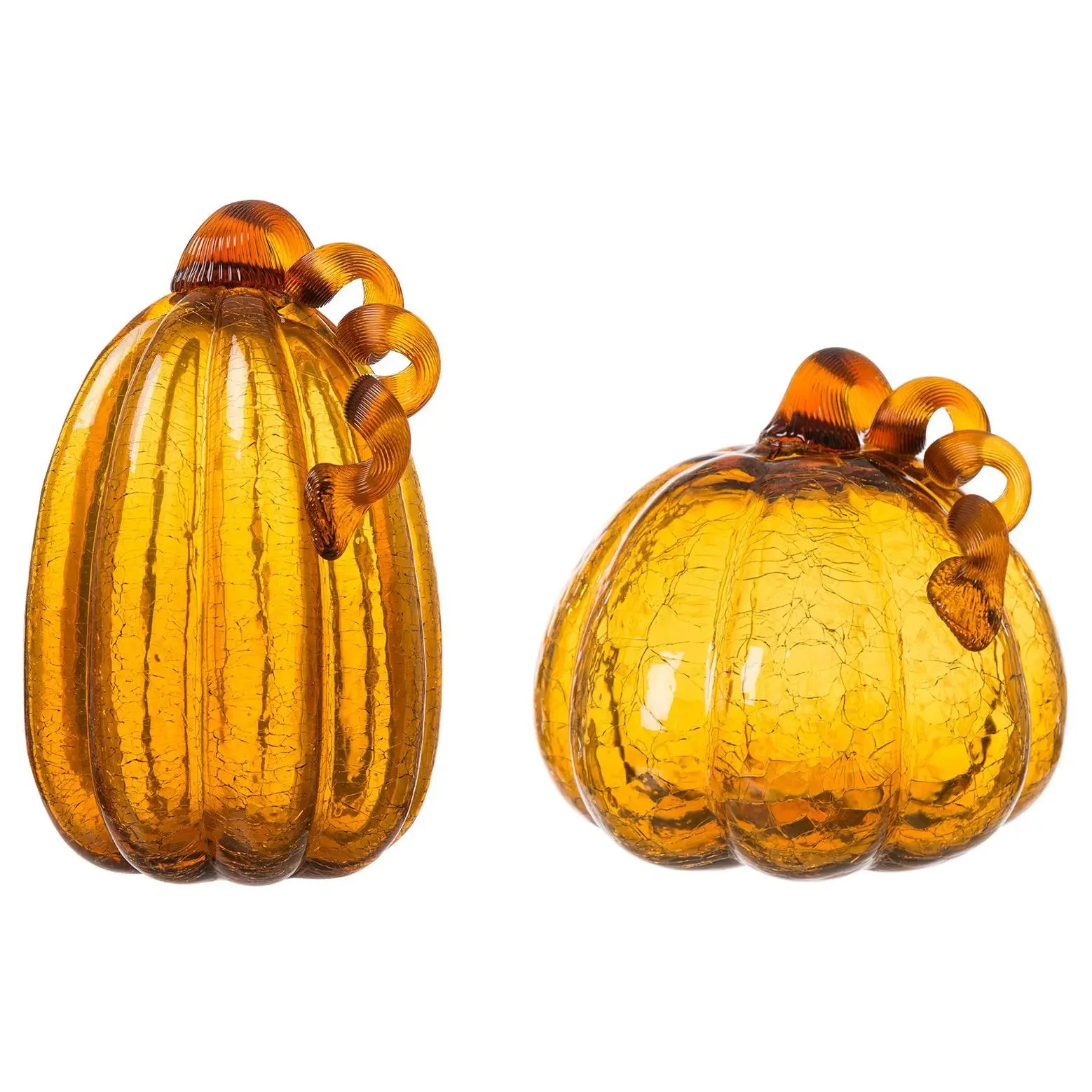 Glitzhome Amber Crackle Glass Halloween PumpkinPair S/2