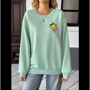 Oversized Crewneck Sweatshirt 260g Green Grey Front Right Chest Bell Candy Cane Print Back Christmas Tree Bell Pattern Border Print Christmas Holiday Style Casual Top