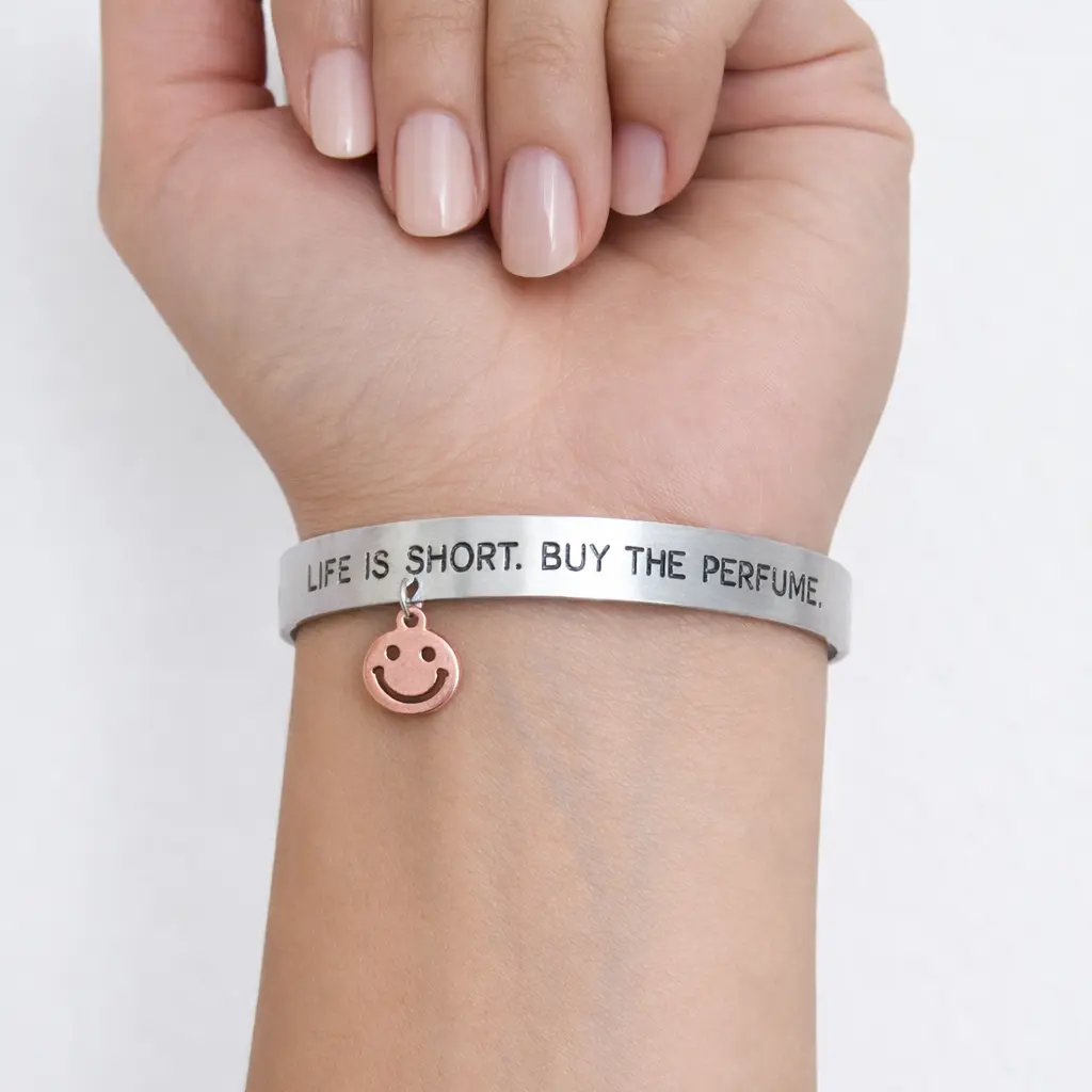 "Life is short, buy the perfume." Hand-stamped, high-quality aluminum, bracelet with Genuine Copper Happy Face Charm, Lightweight and Tarnish-resistant, Adjustable Fit