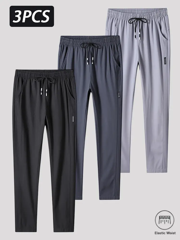 Men's Casual Straight-Leg Poly Blend Fabric Trousers - 1/2/3 Pack, Elastic Waist Drawstring, Tapered, Side Pockets, Lightweight Jogger-Style, Dry Clean Compatible, All Seasons, Solid Colors, for Travel, Lounge