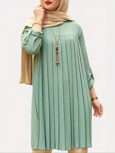 Women's Plain Textured Roll Up Sleeve Pleated Blouse, Casual Round Neck Longline Top for Daily Wear, Ladies Clothes for All Seasons