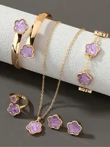 6pcs Lucky Clover Jewelry Set, Bracelet, Necklace, Earrings, Bangle, Ring, Luxurious Emerald Jewelry, Perfect for Daily Wear and Parties