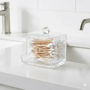 Clear Acrylic Cotton Swab Organizer, Dust-Proof Portable Makeup Storage Box for Bathroom, Stackable Cosmetic Brush Holder, All-in-One Toiletry Container with Q-Tip Dispenser, Home Organization Tool