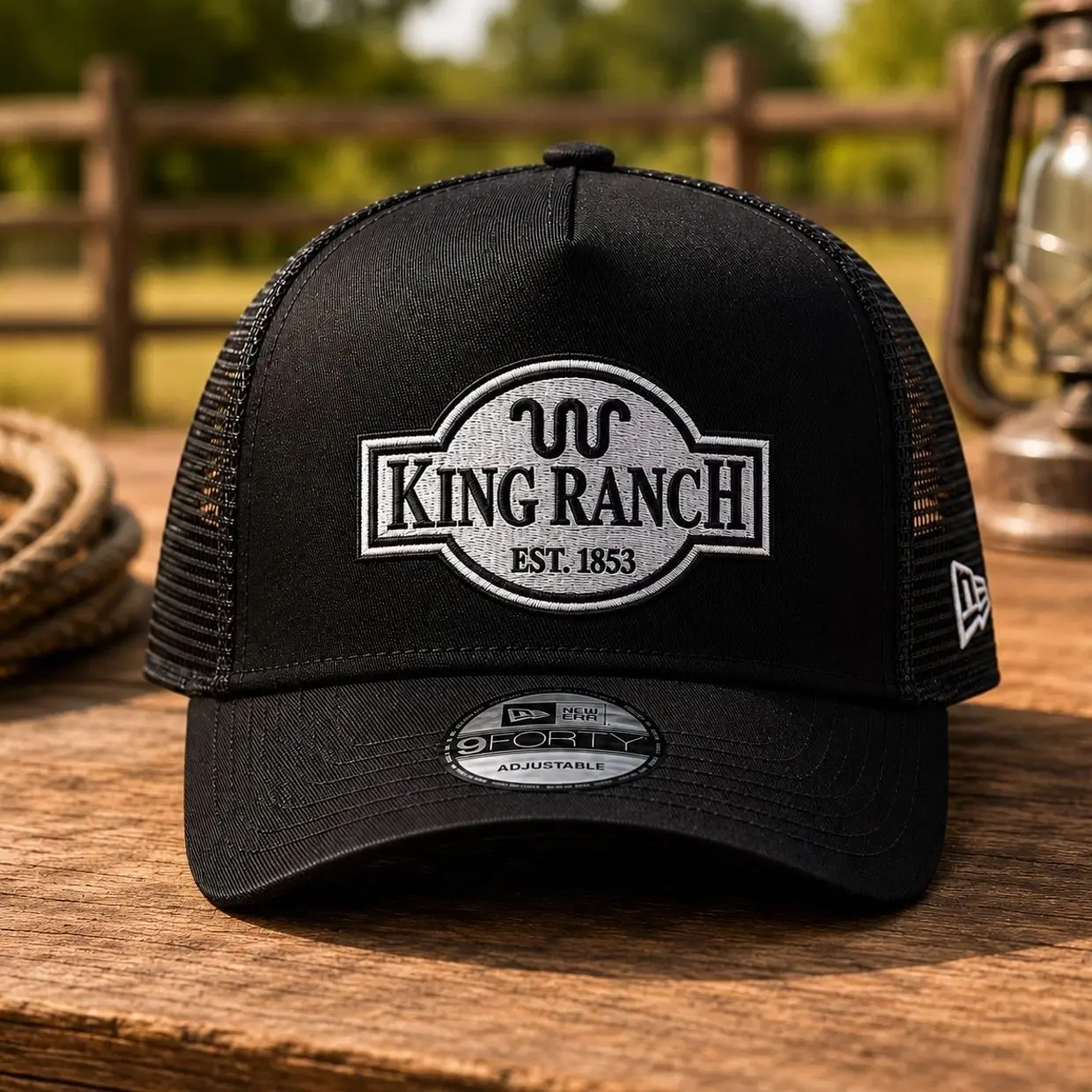 King Ranch Logo Black Trucker Hat Flat Embroidered Snapback Cap and Adjustable Fit for Men and Women