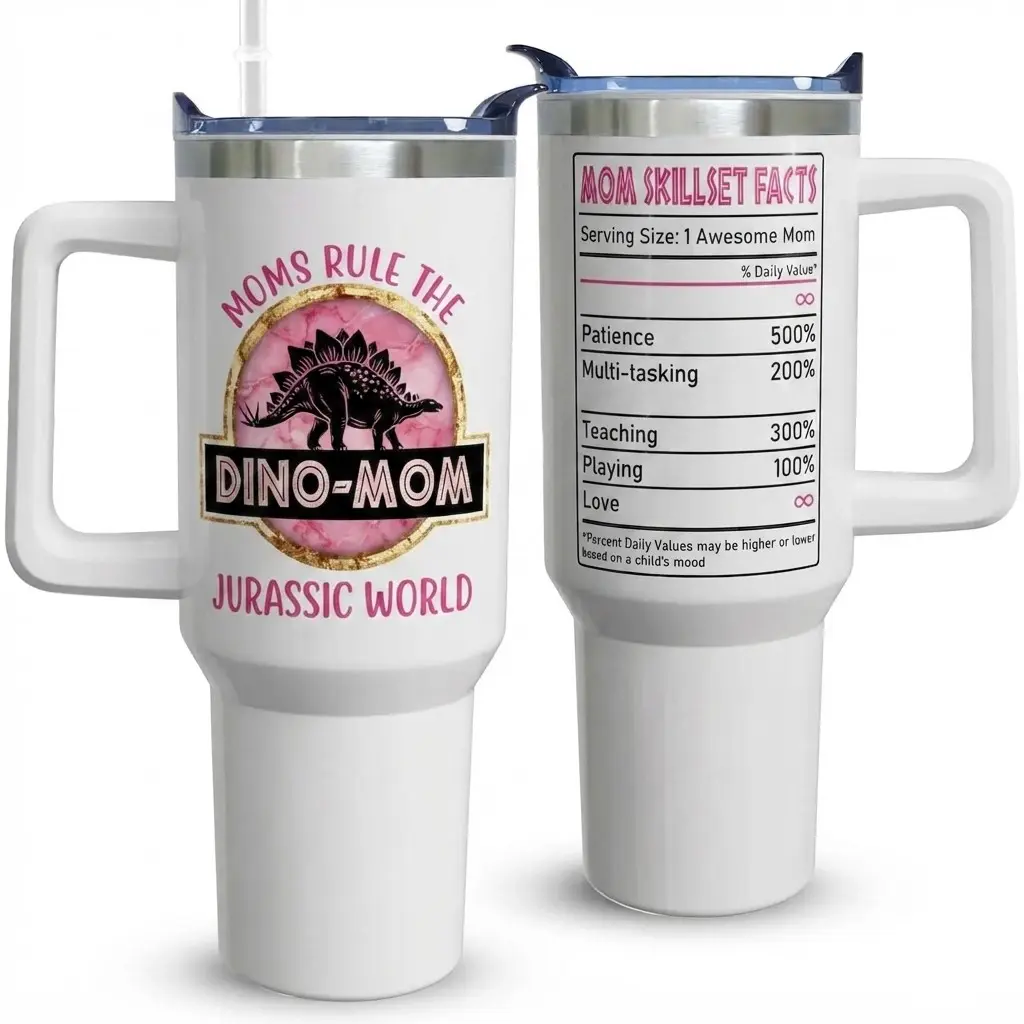 40oz Stainless Steel Vacuum Insulated Tumbler with Handle, Straw & Lid - Dino-Mom Jurassic World Design, Featuring Mom Skillset Facts, Funny Reusable Travel Coffee Cup, Ideal Mother's Day Gift for Dinosaur Loving Moms, Mothers, Mamasaurus Enthusiasts