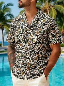 1 Piece Men‘s Geometric Camouflage Print Hawaiian Shirt, Short Sleeve Vacation Style, Lightweight and Breathable, Ideal for Tropical Holidays and Beach Parties