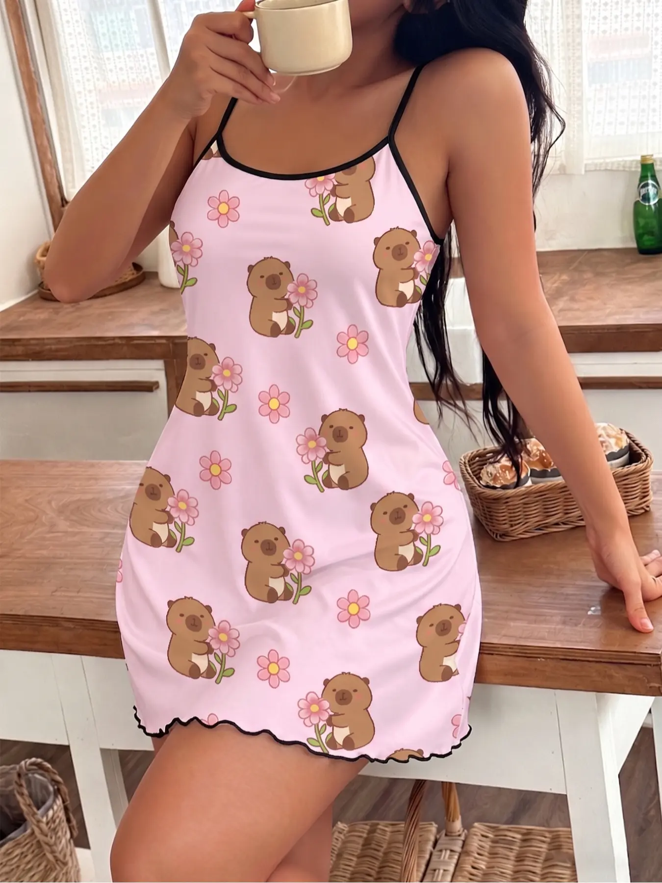 Sexy Women's Tank Top Nightgown, Cartoon Capybara Pattern, Elegant Straps Design, Casual Comfortable Home Wear, Sleeveless Fitted Style