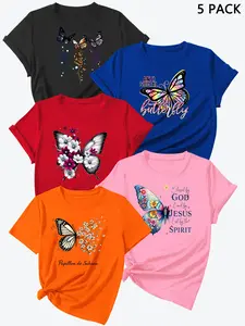 Summer New Butterfly Heart Print Short Sleeve T-Shirts, 5 Pcs Set, High-Quality Women's Sports Tees, Casual Fashion Top
