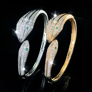 Luxury Double Head Snake Bangle Bracelet for Women, 18K Gold/Silver Plated Full CZ Inlaid Serpent Cuff, Hypoallergenic Tarnish Resistant Statement Party Wedding Fashion Jewelry