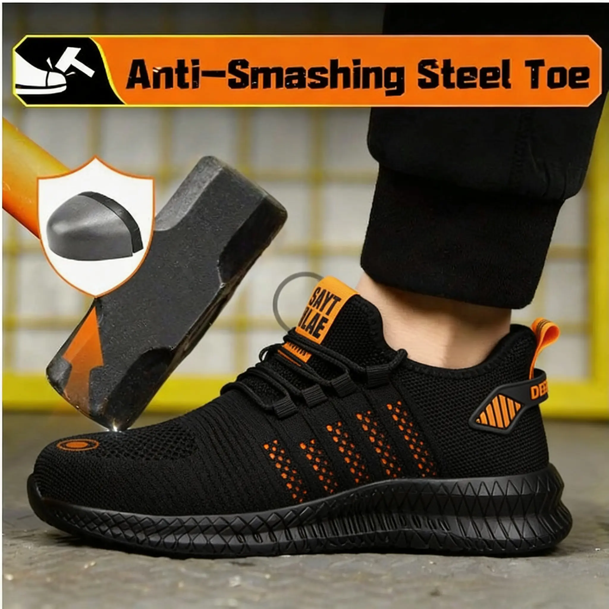 Unisex Steel Toe Safety Sneakers, Breathable Mesh Lace-Up Walking Shoes for Workers, Anti-Smash and Anti-Stab Protective Footwear, Active