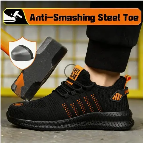 Men's & Women's Steel Toe Safety Boots - Closed Breathable Mesh Fabric Athletic Work Shoes, Lace-Up, Anti-Stab Soles, Round-Toe, Casual Active Walking Shoes for Construction Workers
