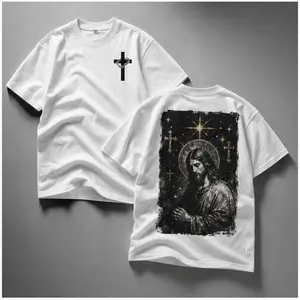 Jesus Praying Under Stars Tee | Faith Based Christian Streetwear, Cross & Starburst Graphic, Dark Aesthetic Oversized Religious Shirt-ZB