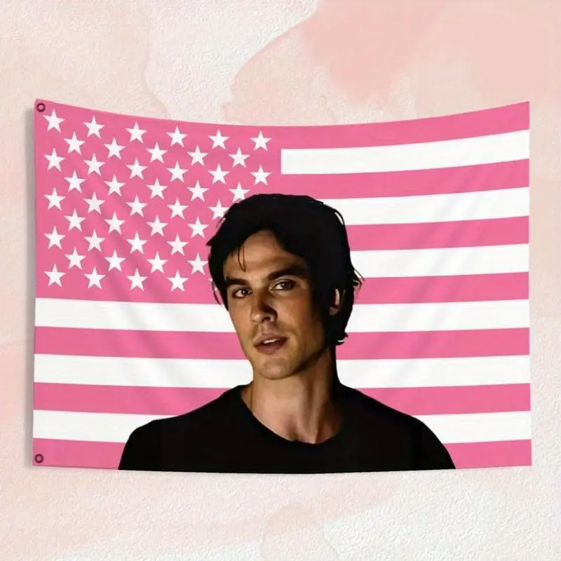 Damon Salvatore The Vampire Diaries Pink USA Flag Photo Tapestry Wall Hanging - 3x5ft Outdoor Fabric 3x5ft Wall Cover, TVD Merchandise, Home Patio Room Art Hanging Decor