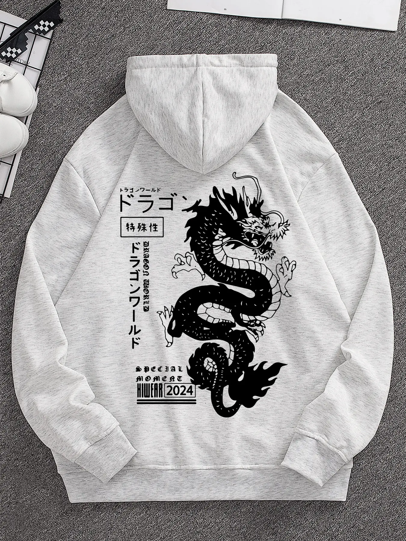Men's Dragon Graphic Lengthened Polyester Pullover Hoodie - 2024 Loose-Fitting Long-Sleeve Casual Top with Special Text Accents, Machine Washable Menswear, Year 2024