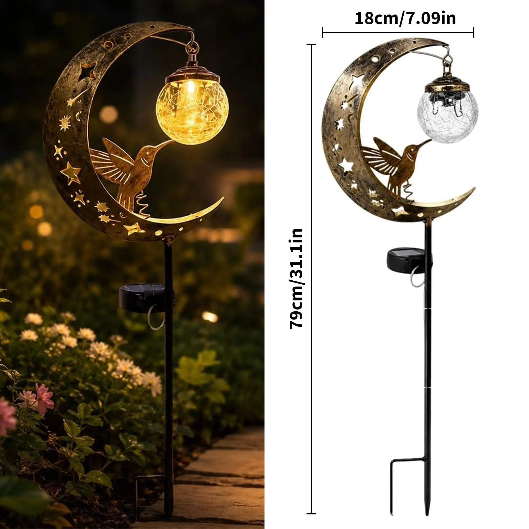 Solar Hummingbird & Crescent Moon Crackle Glass Globe Stake Lights, Waterproof Outdoor Warm White LED Solar Decor, 2026 Halloween Garden Decor Lights for Yd, Patio, Pathway