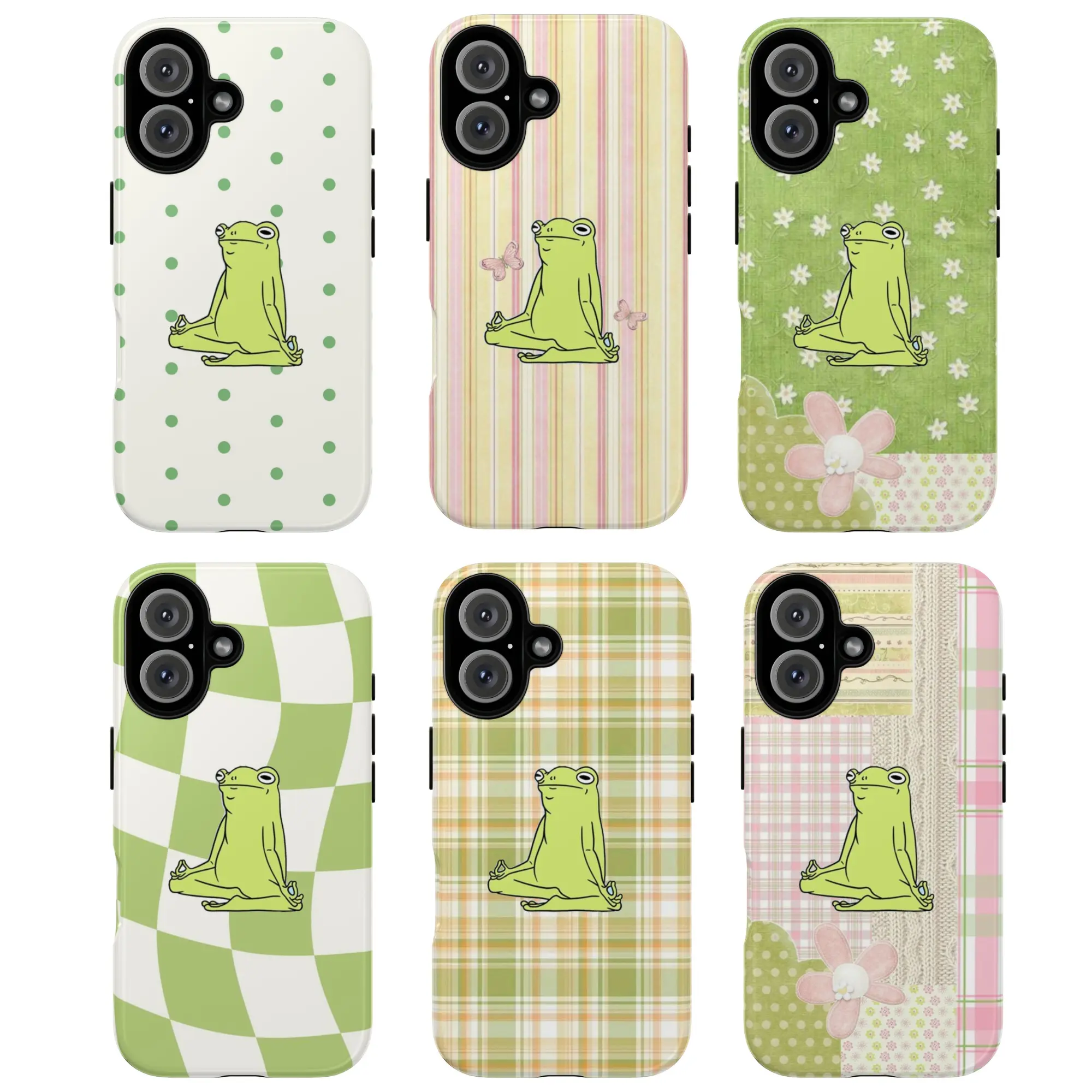 Cartoon Frog Tough Phone Case, Cute Aesthetic Green Frog Phone Cover with Retro Patterns, Gift for him for her
