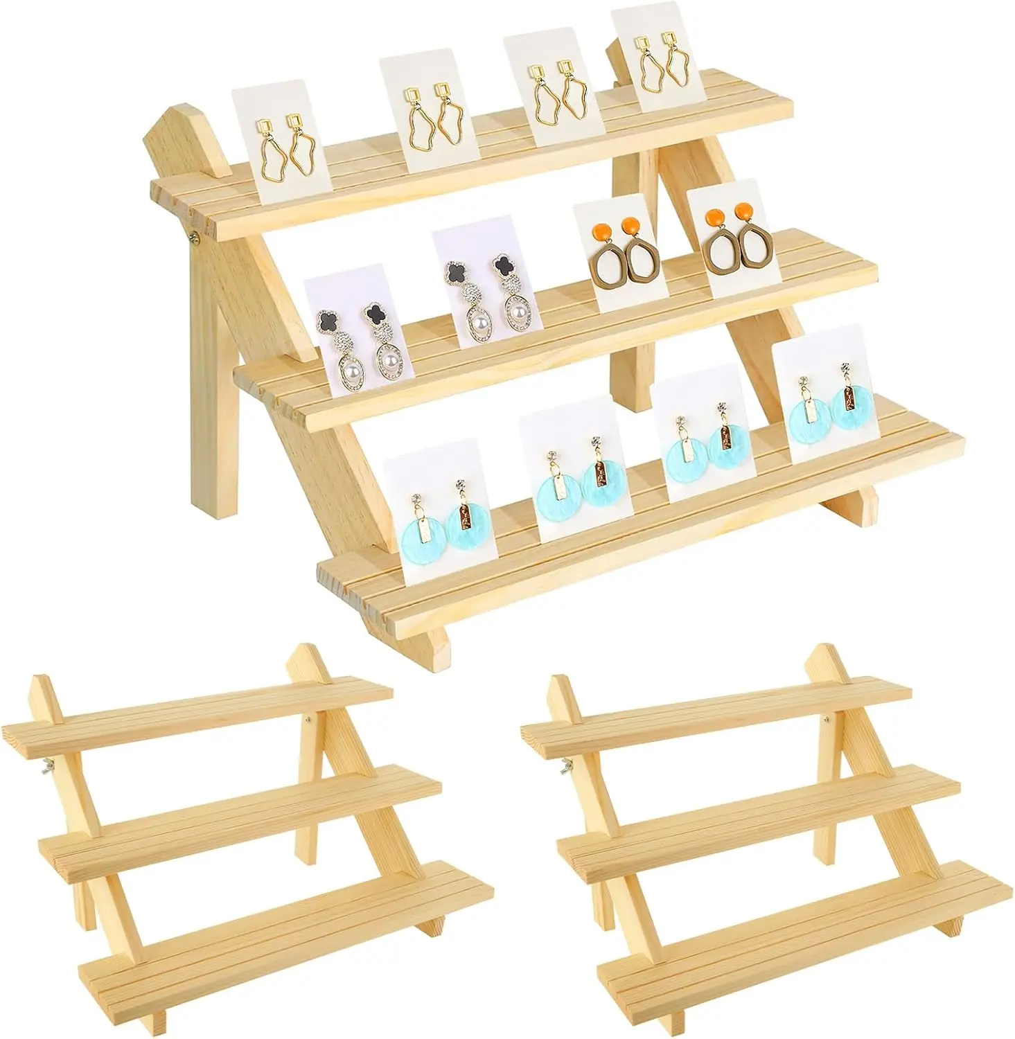 3-Tier Wooden Display Stand Riser - Home Organizer Storage Rack for Jewelry, Earrings, Card Showcase; Portable Tabletop Rack for Craft Show Vendors