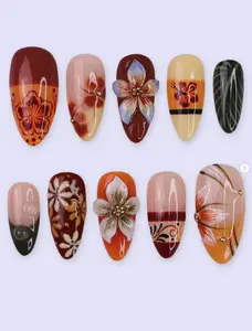 Tropical Floral Nail Art Set – 3D Flowers, Gradient Orange & Burgundy Tones, and Hand-Painted Petal Designs for Elegant Summer Style