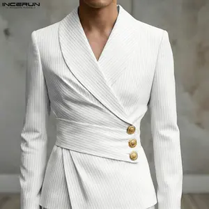 INCERUN Formal Party Men's Pinstripe Blazer Asymmetrical Button Wrap Suit Jacket Slim Fit Coat