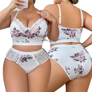 Plus Size Lip Print Lingerie Set – Contrast Lace Bra & Panties, Floral Pink Stretch 2-Piece Recovery Girdle C-Section Postpartum fenty x savage body full trainer waist faja Lace-Up Corset