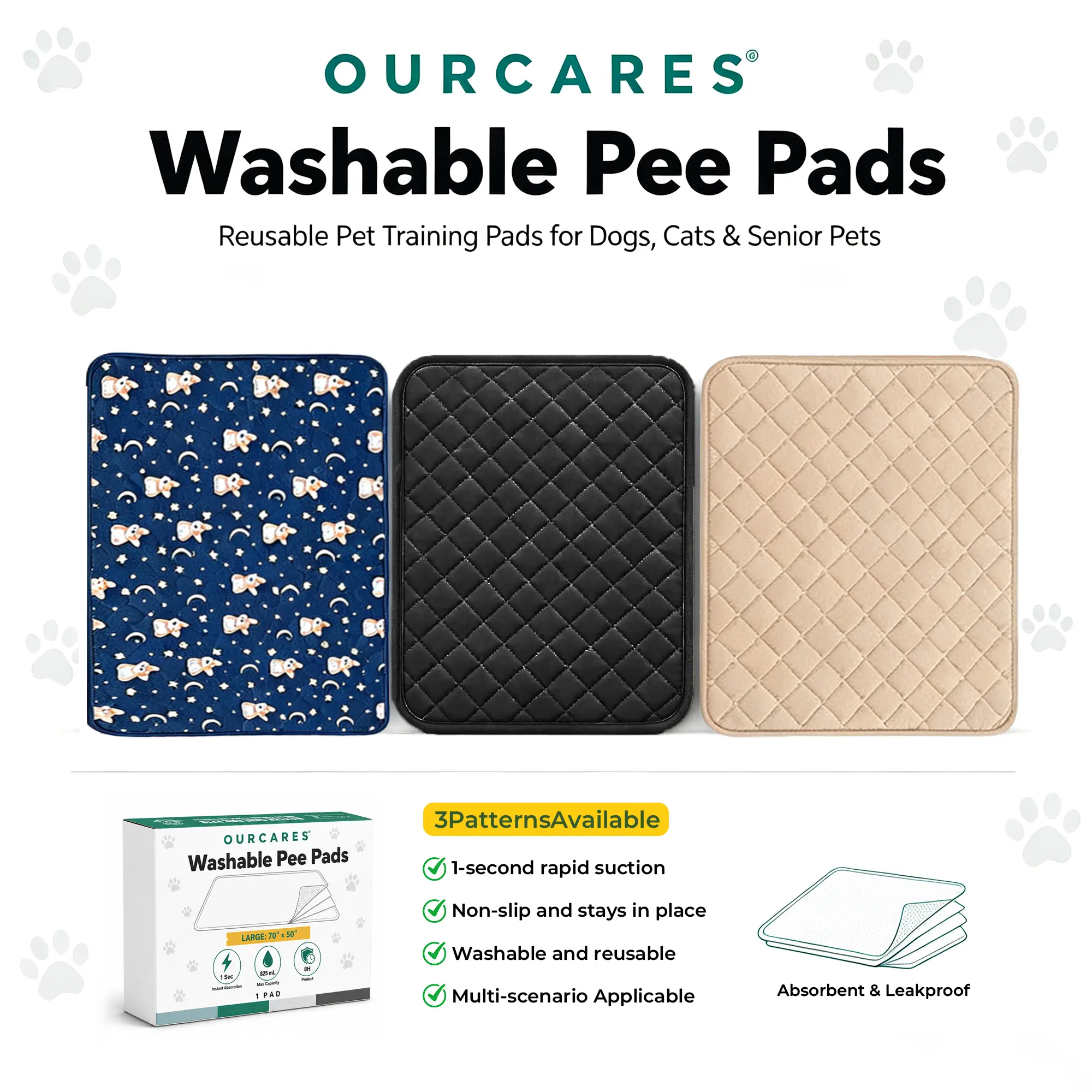 OURCARES Reusable Washable Puppy Pee Pads for Dogs & Cats - Super Absorbent Waterproof Leak-Proof Non-Slip Potty Training Mat, Quick-Dry Pet Urinal Pad for Floor, Crate, Kennel, Sofa & Bed, All Breeds & Ages