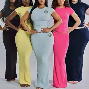 Loungewear Cotton Short Sleeve Tshirt Bodycon Lounge Maxi Skirt Casual Dresses Women Ribbed Dress Set with Headband Set in Multiple Colors Womenswear