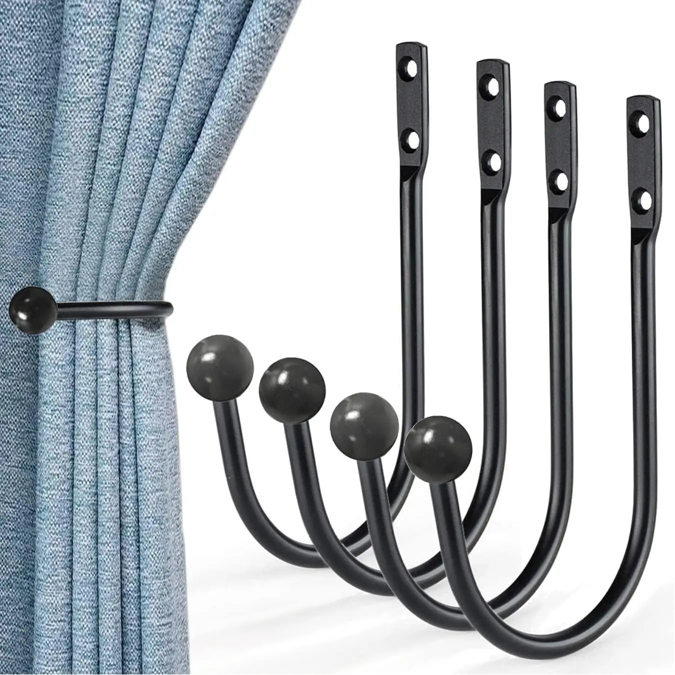 Decorative Curtain Drapery Holdbacks, Curtain Tiebacks Simple  Rustic Style Decor4 Pack, BlackCome with Screws