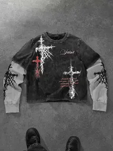 Men's Cyberpunk Eye Print Graphic Long Sleeve T-Shirt, Flame Sleeves, Graffiti Text, Soft Comfortable Fabric, Casual Alternative Streetwear, Bold Edgy Style