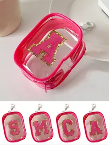 Portable mini transparent zipper storage bag, rose red towel with embroidered letters A-Z, compact multifunctional storage device, earphone and charger storage case with keychain, suitable for storing small items, cable storage bag, bracelet storage bag