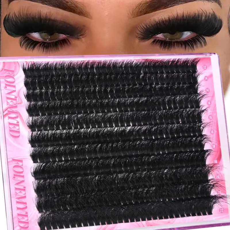 FOINEMYED Lash Extensions Set, 330Pcs 200D Mega Volume D-Curl 12-22MM Dramatic Fluffy Cluster Eyelashes - Featherlight Doll Eye DIY False Lashes for At-Home Makeup Application